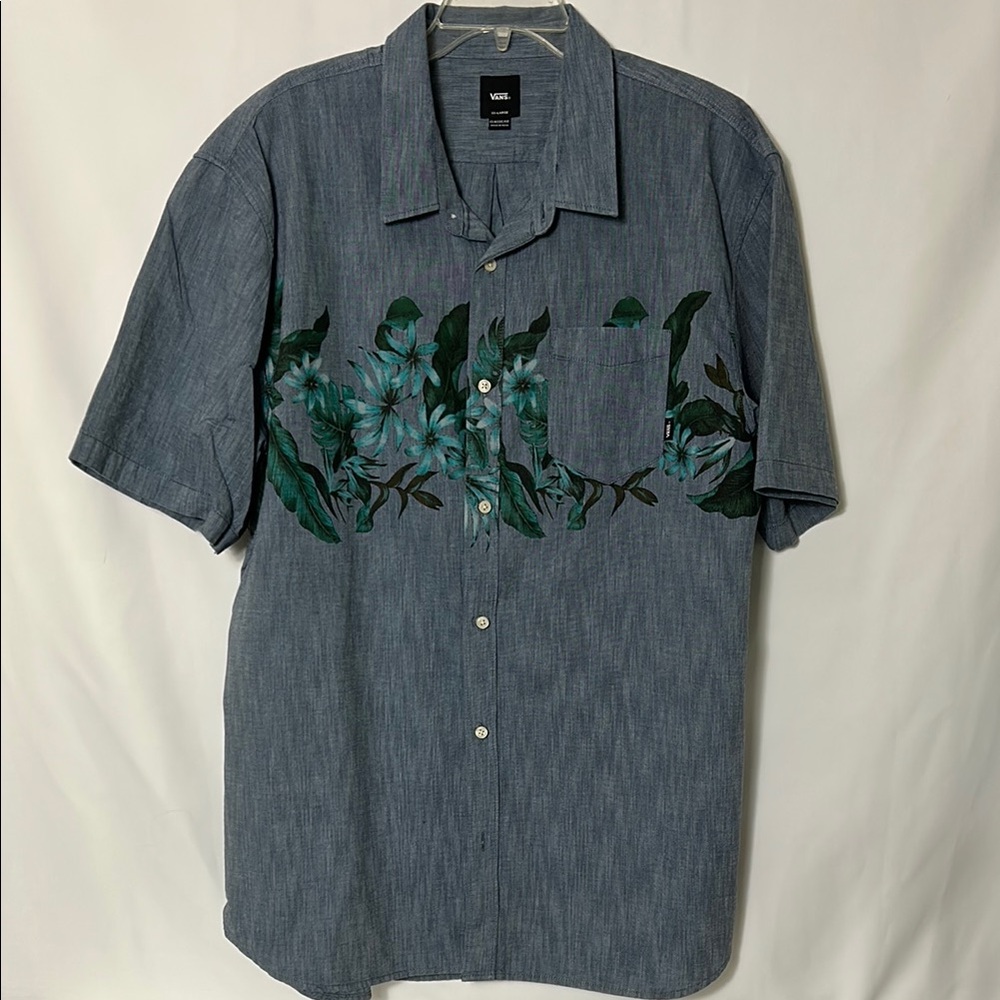 Vans Blue Green Button Down Cotton 2X Shirt Hawaiian Short Sleeve Mens XXL